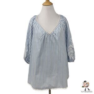 Charter Club Blouse Womens L Large Blue Check V Neck Embroidered Half Sleeve